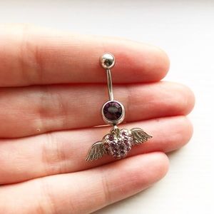 Silver & amethyst heart & wings bellybutton ring